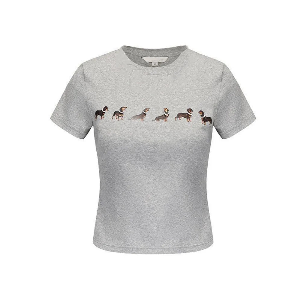Cute Cartoon Dog Short Sleeve T-shirt Dachshund Crop Top Slim Fit