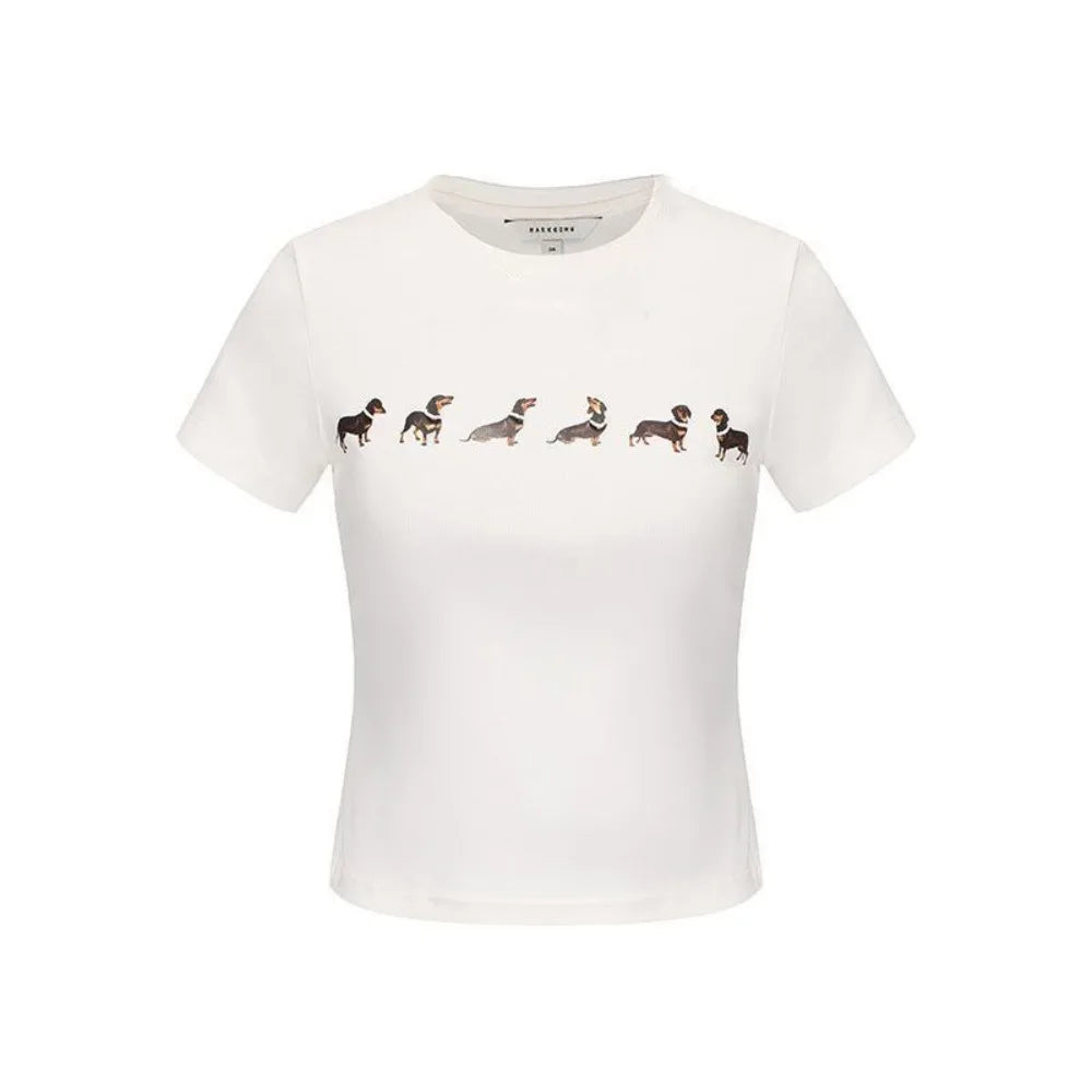Cute Cartoon Dog Short Sleeve T-shirt Dachshund Crop Top Slim Fit