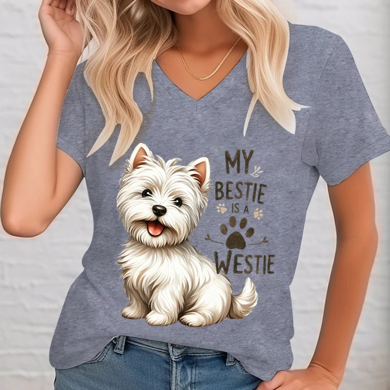 Fashion Cartoon Dog T Shirt Women Casual V-Neck Short Sleeve My Bestie