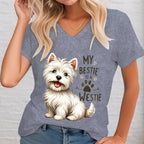 Fashion Cartoon Dog T Shirt Women Casual V-Neck Short Sleeve My Bestie