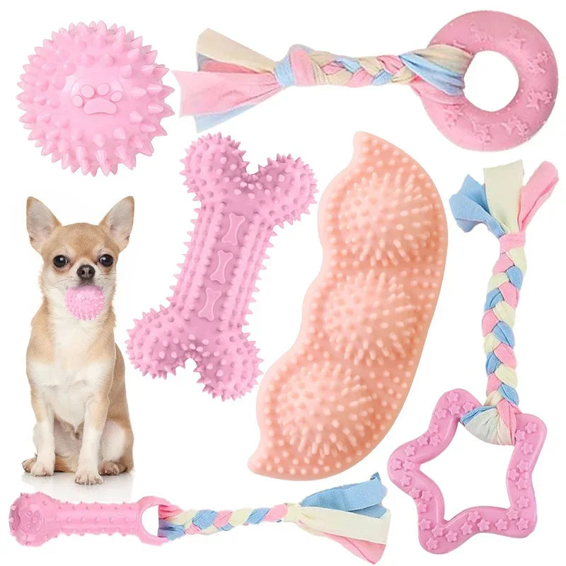 Cleaning Teeth Pink Soft Rubber Bone Funny Ball Interactive Donut Treat Set for Small Dogs