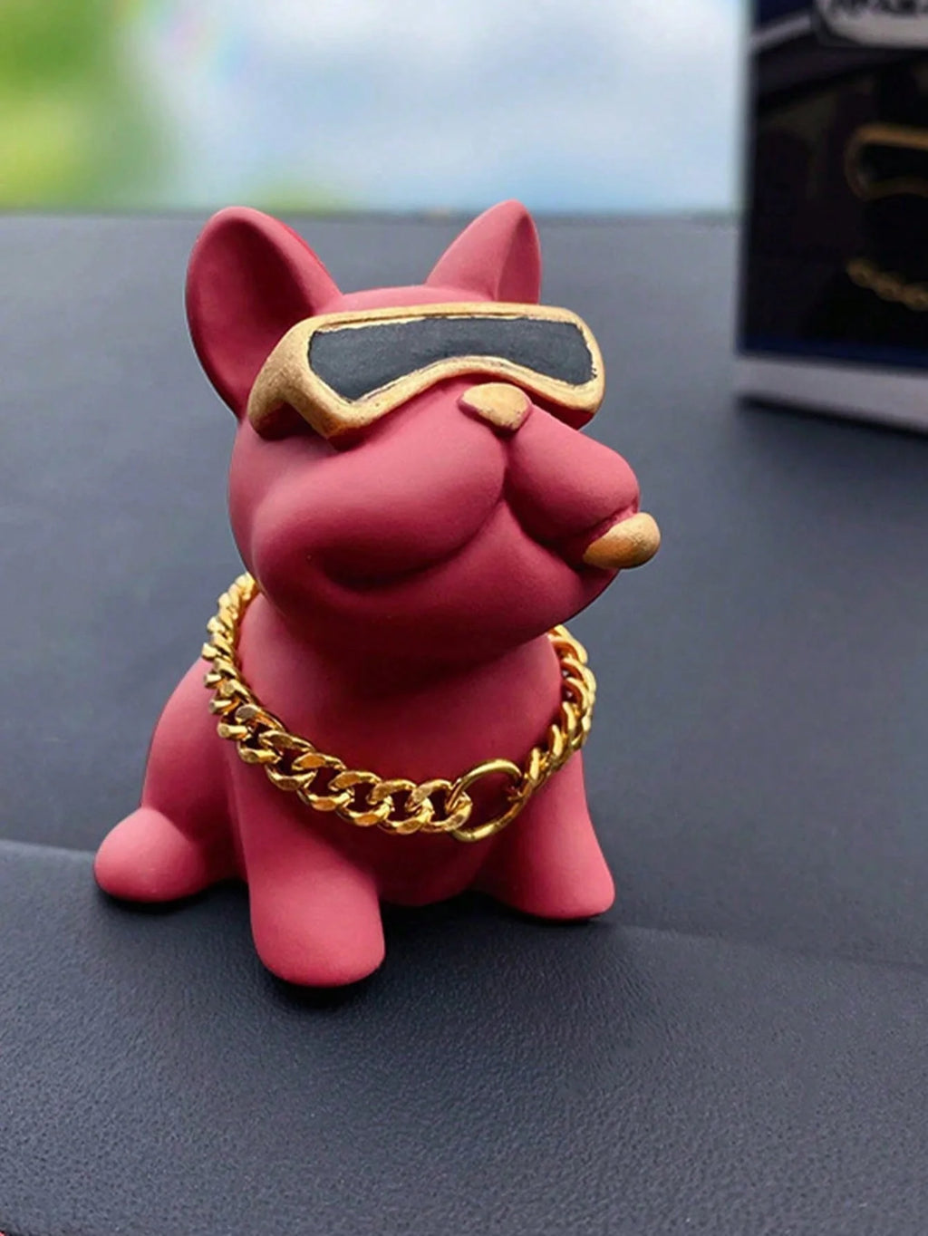 Cute Resin Bulldog Car Decoration With Gold Chain And Glasses – Fun Dashboard