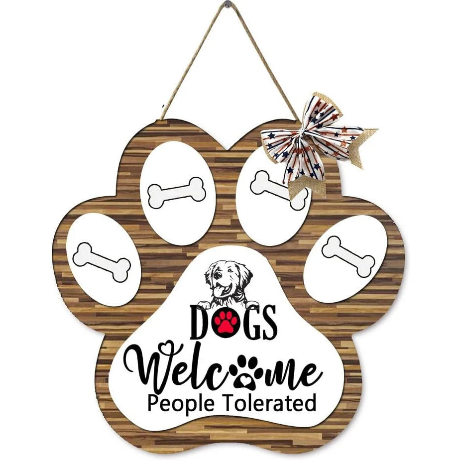 Dog Welcome Sign Wooden Plaque Hanging Paw