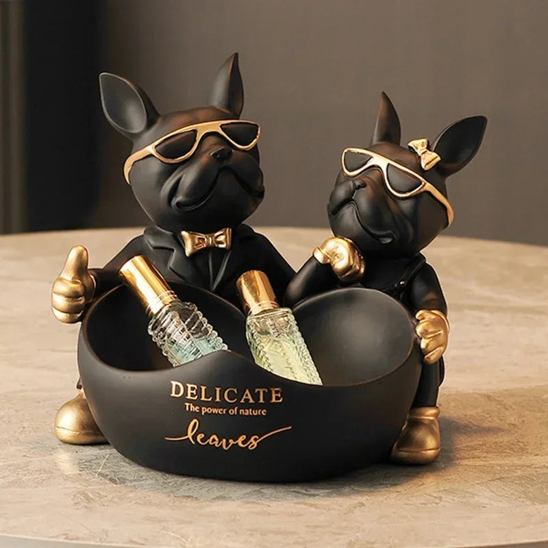 Lovers Bulldog Statue with Bowl Storage Box For Keys Jewelry French Bulldog Figurine