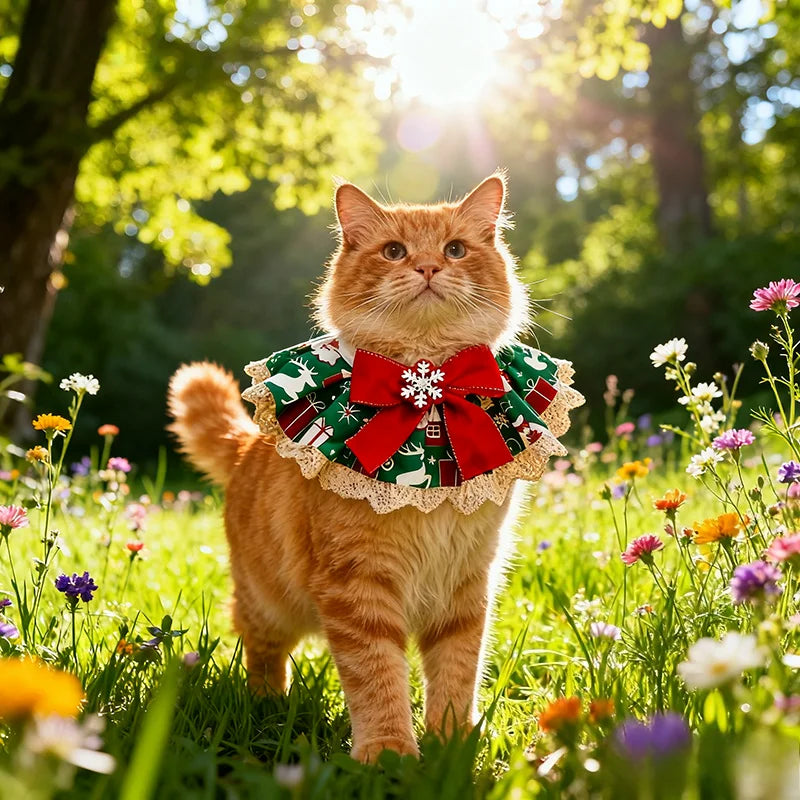 Christmas Pet Bib with Lace Bell Plaid Bow Austable Neckwear