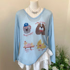 Thin Dog Print Graphic T-shirt Cartoon Loose Animal Long Sleeved Top Round Neck