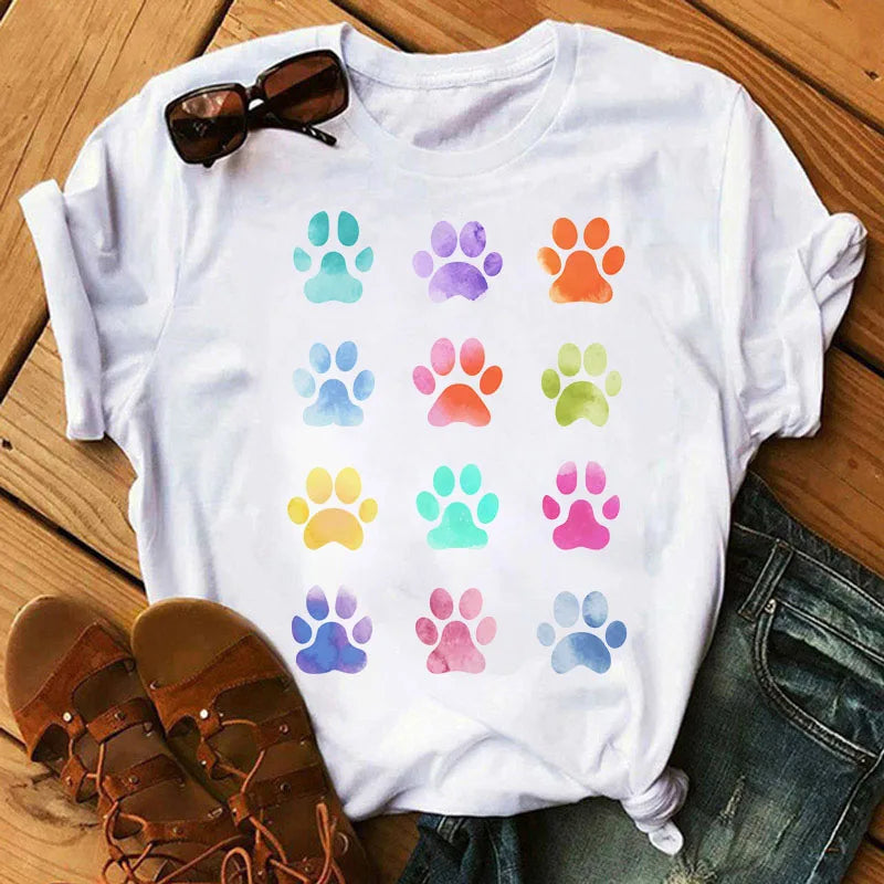 Colorful Heart Dog Paw Print T-shirt Summer Short Sleeve Tee