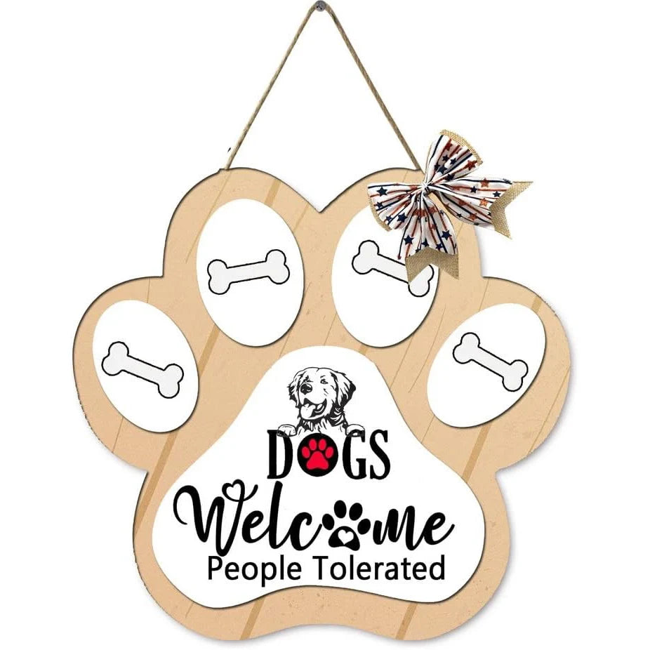 Dog Welcome Sign Wooden Plaque Hanging Paw