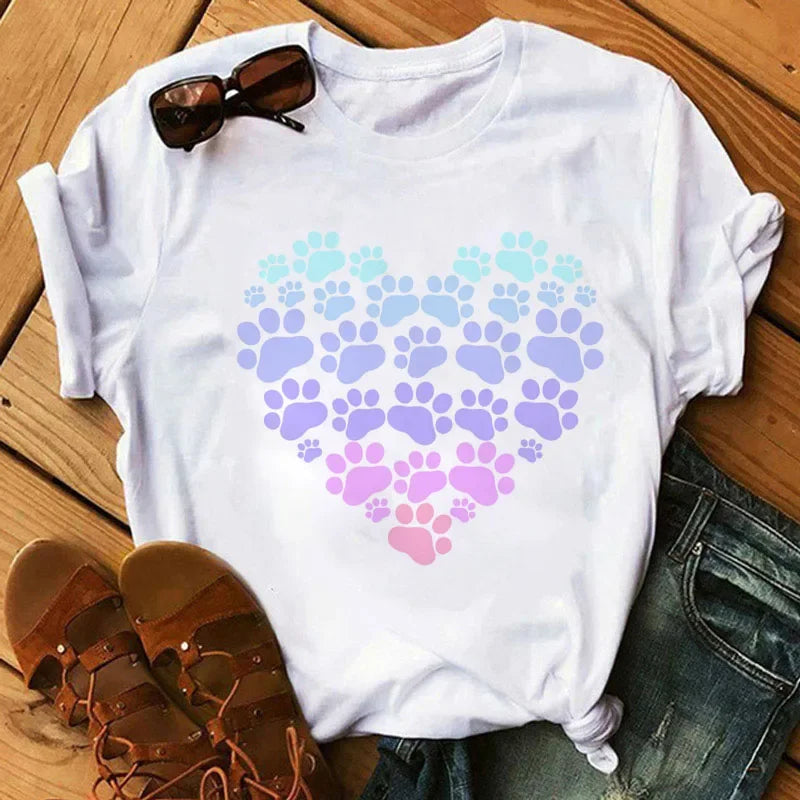 Colorful Heart Dog Paw Print T-shirt Summer Short Sleeve Tee