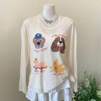 Thin Dog Print Graphic T-shirt Cartoon Loose Animal Long Sleeved Top Round Neck