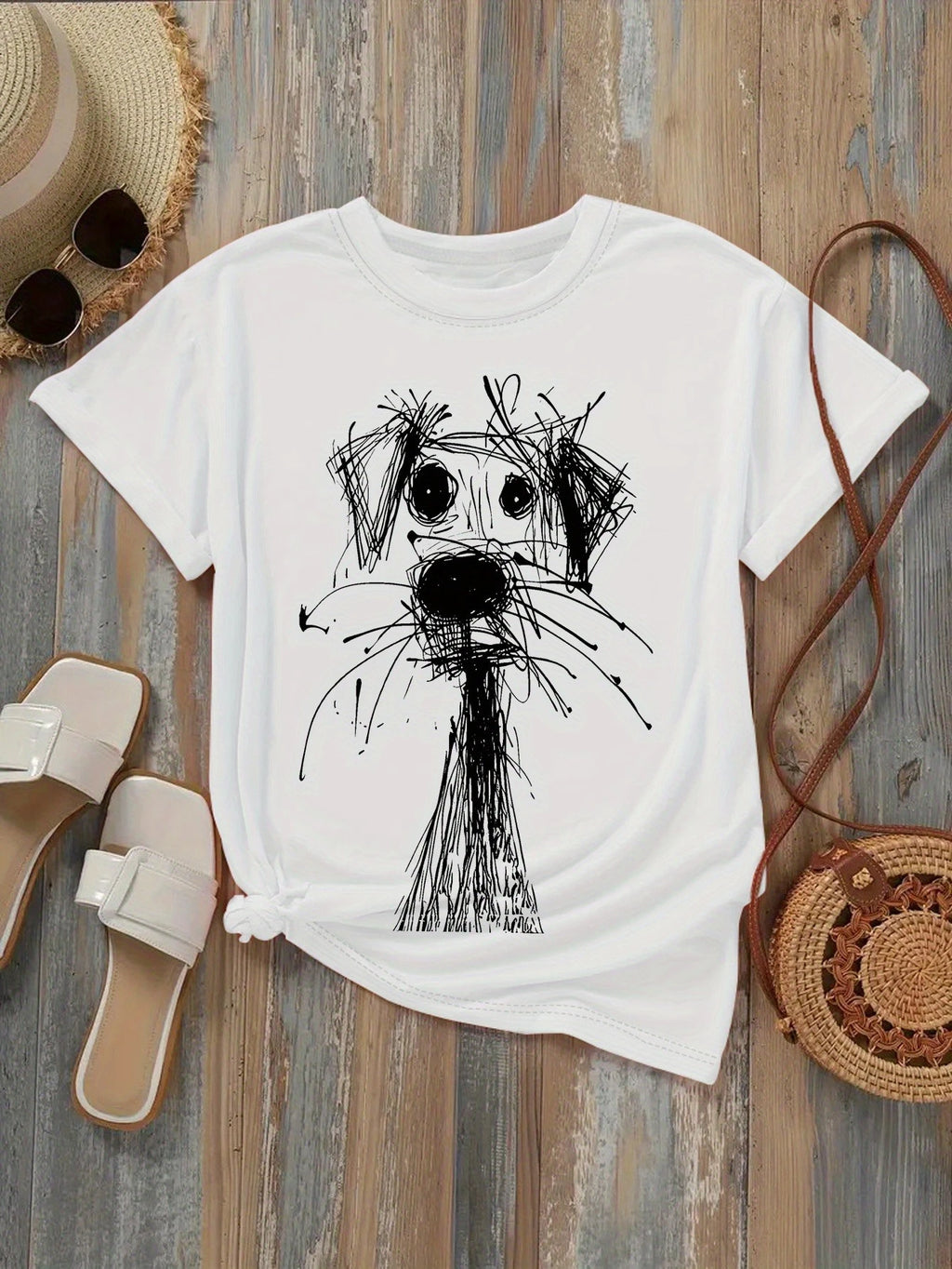Women's Fashion Printed T-Shirt with Fun Dog Sketch Design Soft Round Neck