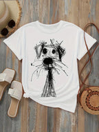 Women's Fashion Printed T-Shirt with Fun Dog Sketch Design Soft Round Neck