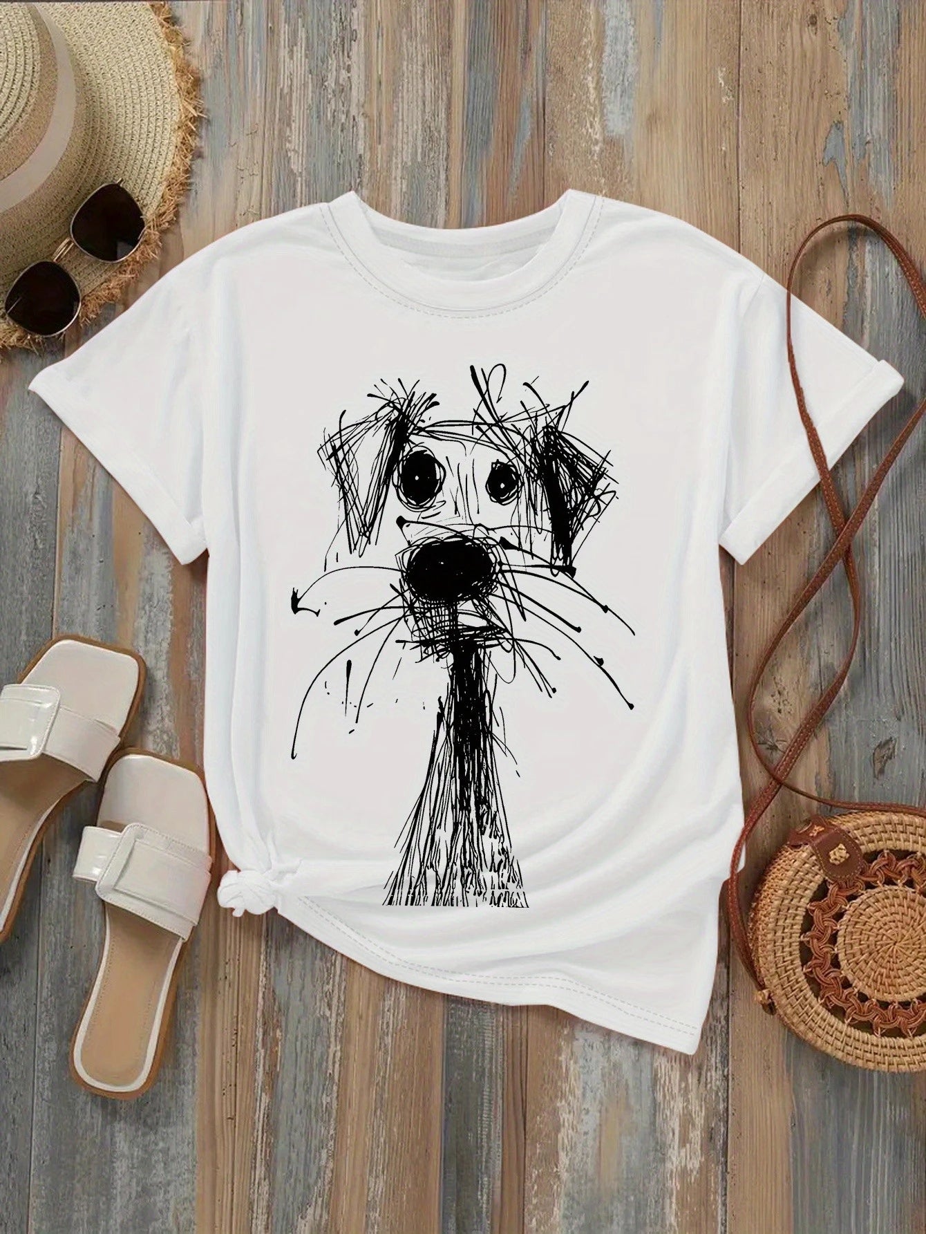 Women's Fashion Printed T-Shirt with Fun Dog Sketch Design Soft Round Neck
