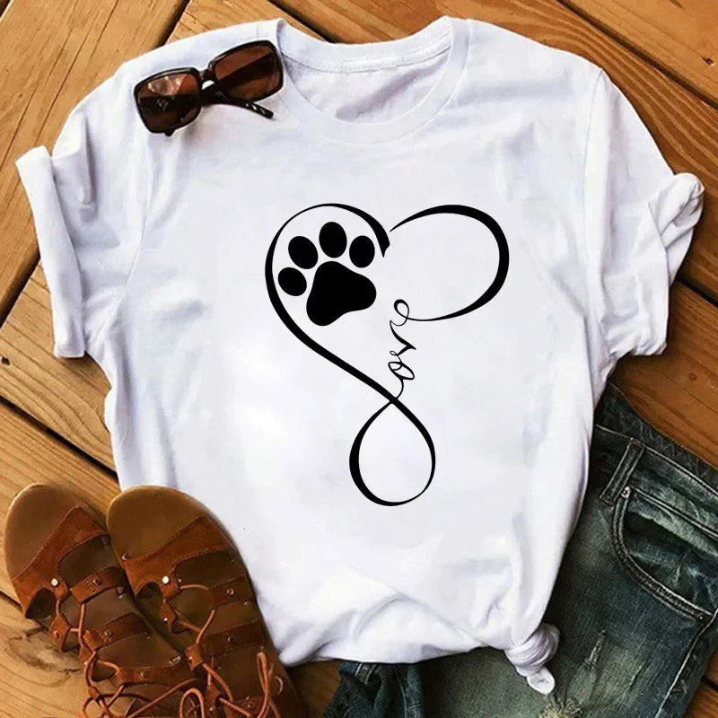 Colorful Heart Dog Paw Print T-shirt Summer Short Sleeve Tee