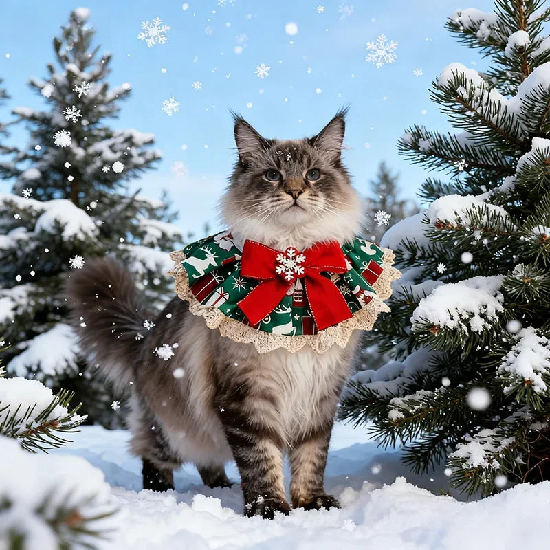 Christmas Pet Bib with Lace Bell Plaid Bow Austable Neckwear