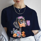 Fashion Cartoon Dachshund Graphic Dog Lover Print T Shirt Crew Neck Short Sleeve