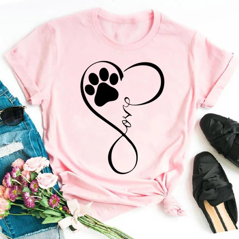 Colorful Heart Dog Paw Print T-shirt Summer Short Sleeve Tee