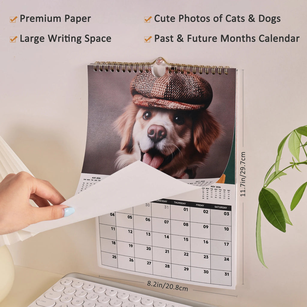 2026 Wall Calendar, 12 Months Cute Cat & Dog Pet Calendar 8.2 x 11.7 inch, from Jan 2026 - Dec 2026