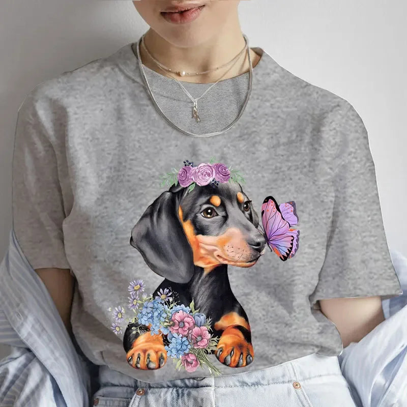 Fashion Cartoon Dachshund Graphic Dog Lover Print T Shirt Crew Neck Short Sleeve