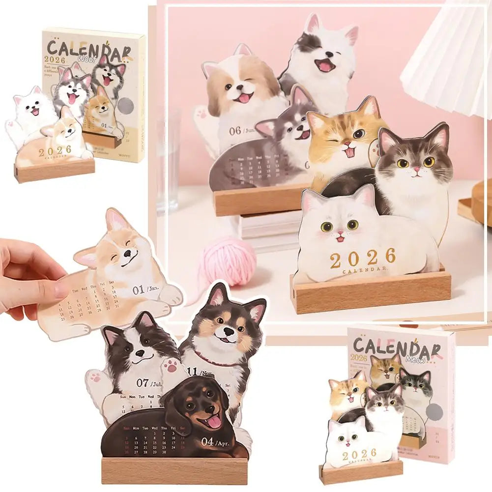 2026 New Cute Cat Dog Cartoon Desk Calendar