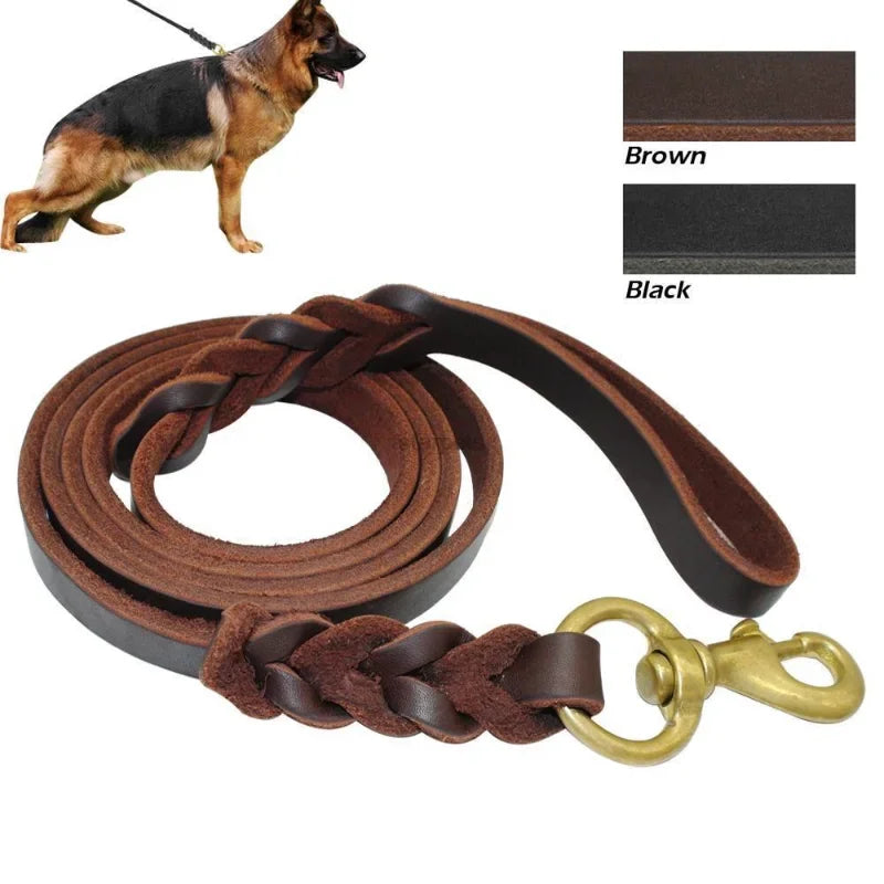 Genuine Leather Leash Braided Pet Walking Training Leads Brown Black Colors