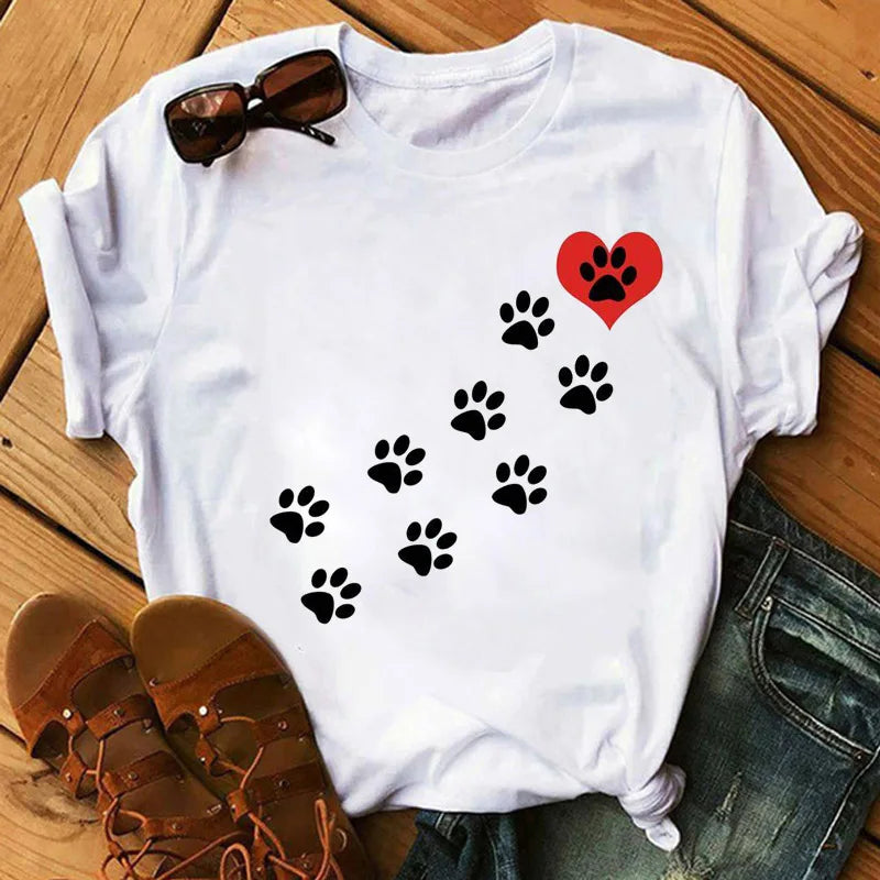 Colorful Heart Dog Paw Print T-shirt Summer Short Sleeve Tee