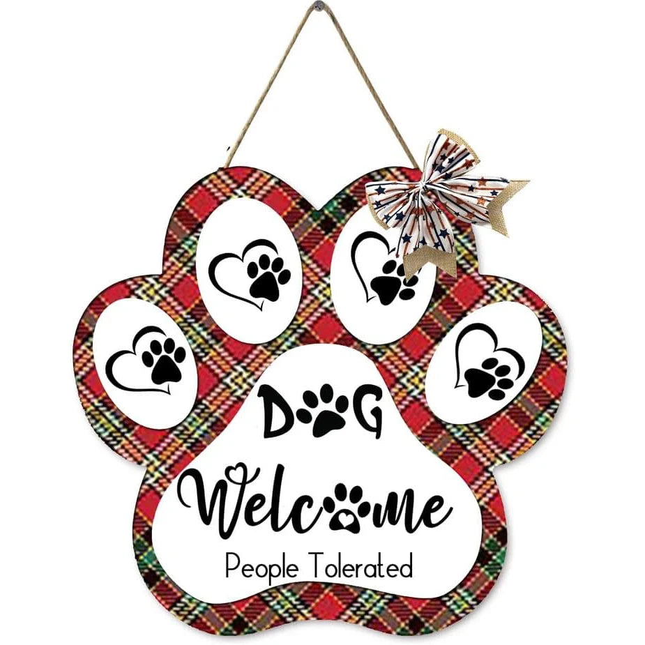 Dog Welcome Sign Wooden Plaque Hanging Paw