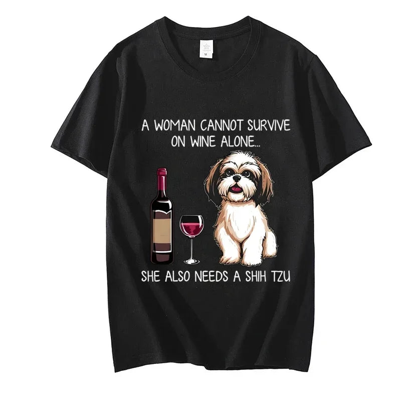 Shih Tzu and Wine Funny Dog T Shirts Women Cute Cartoon Graphic Tops Tee