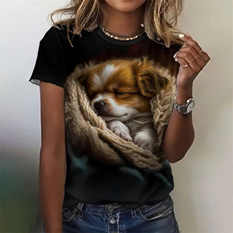3D Printed Kawaii Cat Dog T-Shirt For Women Funny Animal Graphic Tees Summer Casual