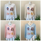 Thin Dog Print Graphic T-shirt Cartoon Loose Animal Long Sleeved Top Round Neck