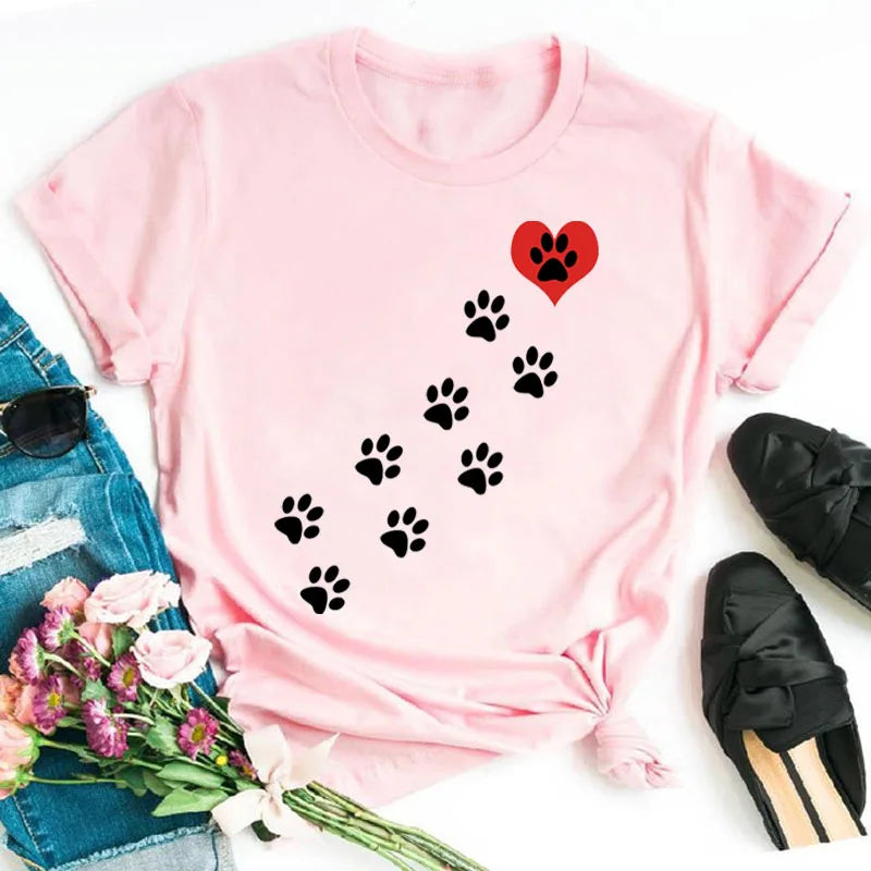 Colorful Heart Dog Paw Print T-shirt Summer Short Sleeve Tee