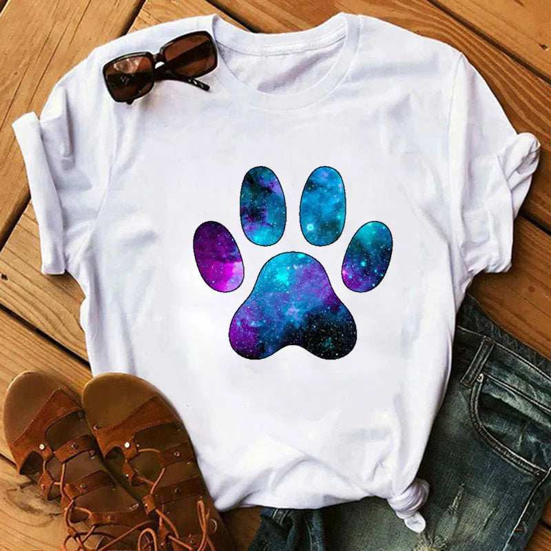 Colorful Heart Dog Paw Print T-shirt Summer Short Sleeve Tee