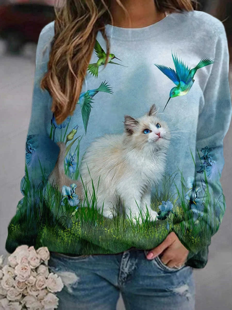 Lovely Dog Hoodie Women Fashion Hoodies Sweatshirts Cat Print Hoodies O-Neck Kawaii Clothes Women Sweats Girl Coats Animal