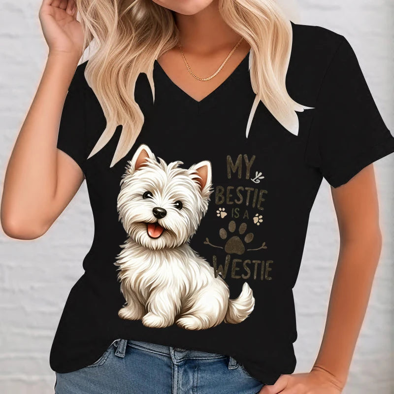 Fashion Cartoon Dog T Shirt Women Casual V-Neck Short Sleeve My Bestie