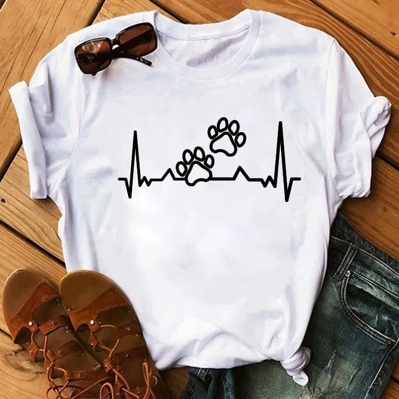 Colorful Heart Dog Paw Print T-shirt Summer Short Sleeve Tee