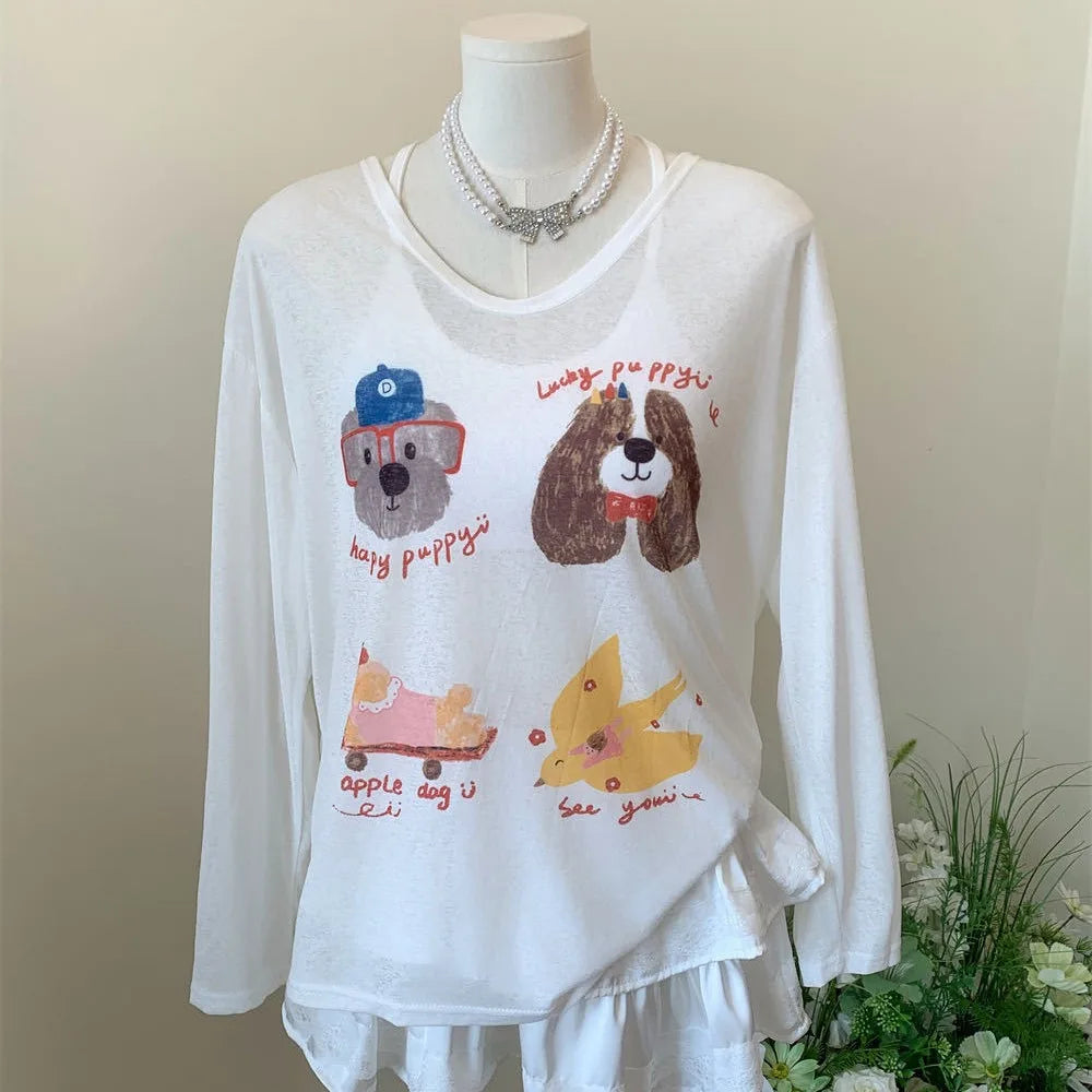 Thin Dog Print Graphic T-shirt Cartoon Loose Animal Long Sleeved Top Round Neck
