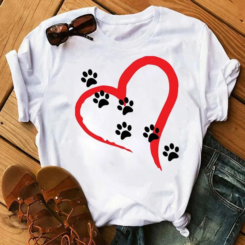 Colorful Heart Dog Paw Print T-shirt Summer Short Sleeve Tee