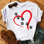 Colorful Heart Dog Paw Print T-shirt Summer Short Sleeve Tee