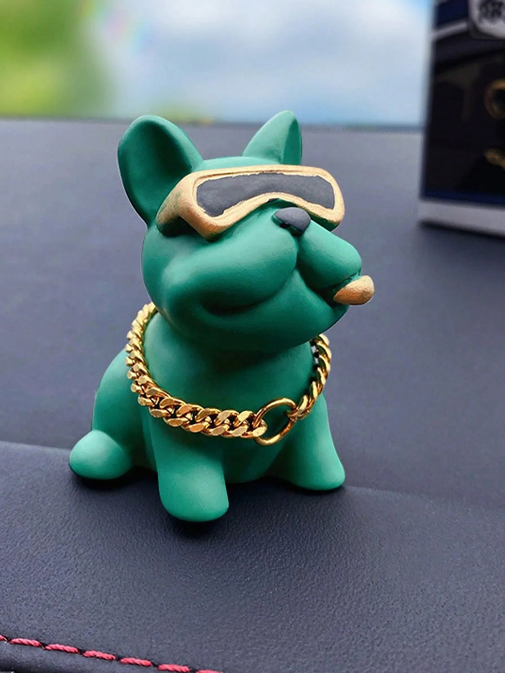 Cute Resin Bulldog Car Decoration With Gold Chain And Glasses – Fun Dashboard