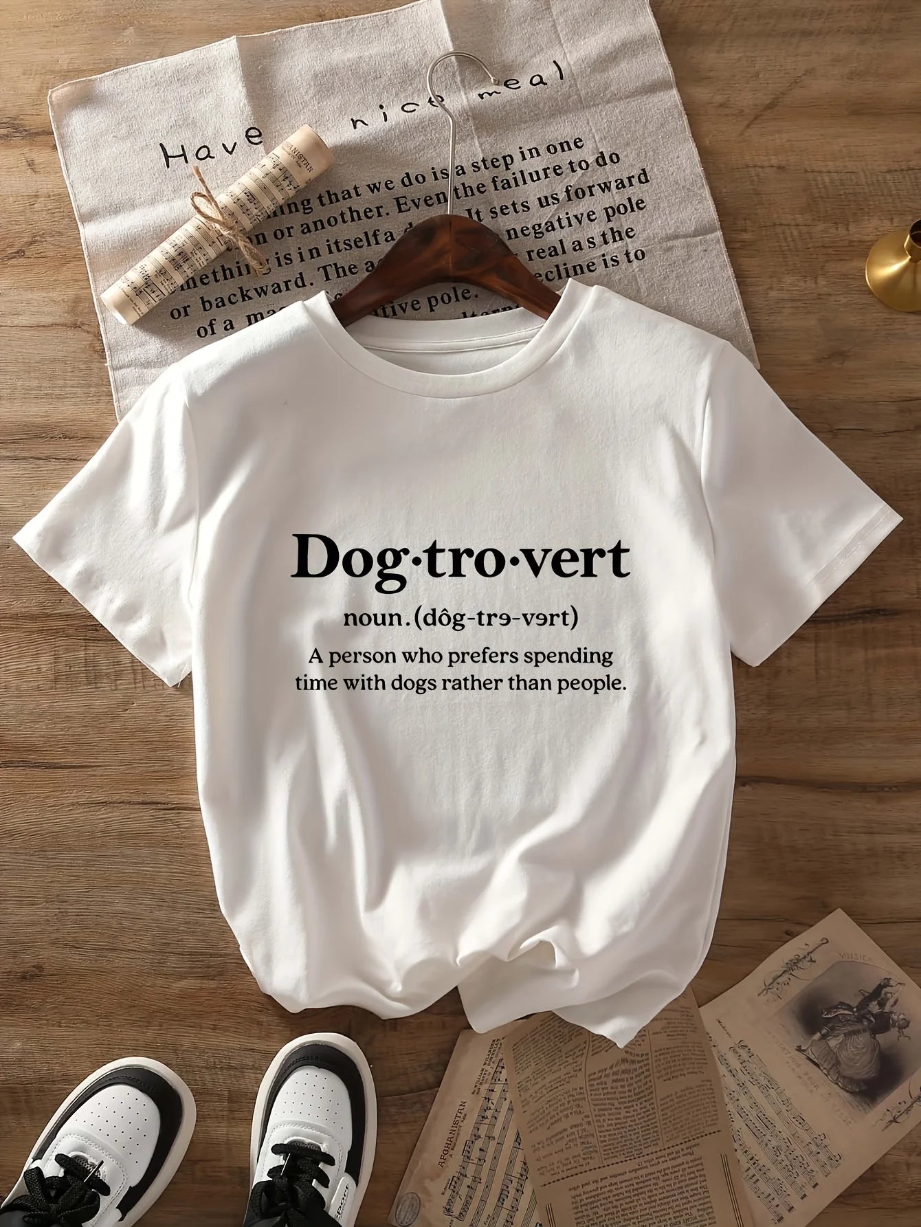 Women's Dog Lover Graphic Print T-Shirt - "Dogtrovert" Short Sleeve Crew Neck
