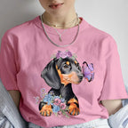 Fashion Cartoon Dachshund Graphic Dog Lover Print T Shirt Crew Neck Short Sleeve