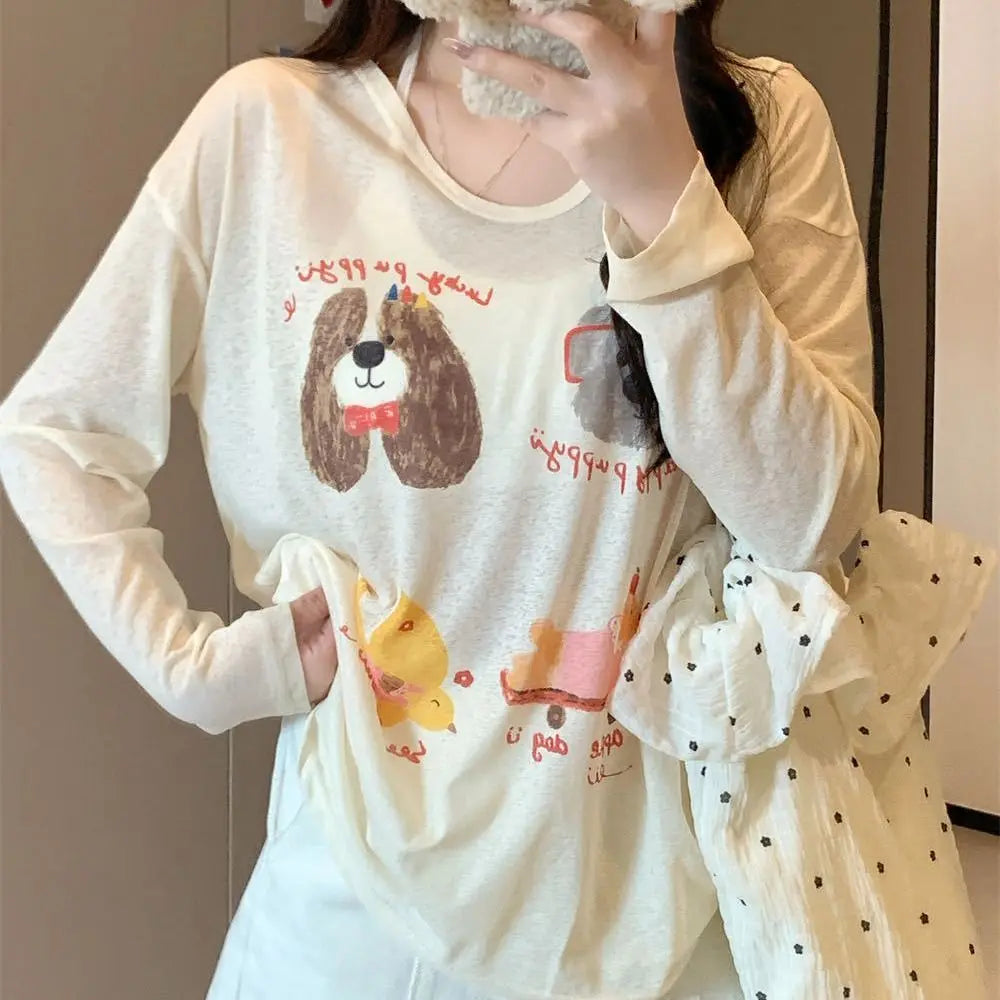 Thin Dog Print Graphic T-shirt Cartoon Loose Animal Long Sleeved Top Round Neck