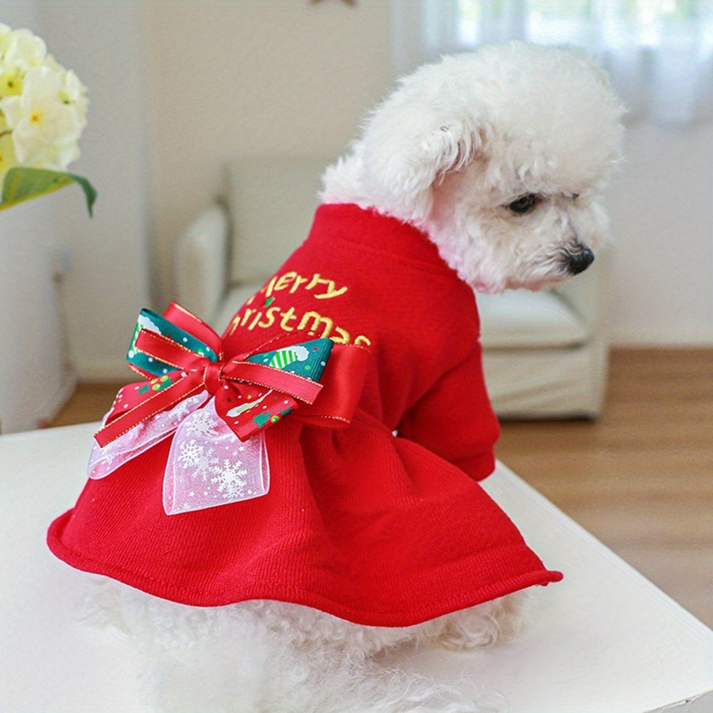 Christmas Dress Small Dog Warm Princess Bowknot  Pet Puppy Clothes