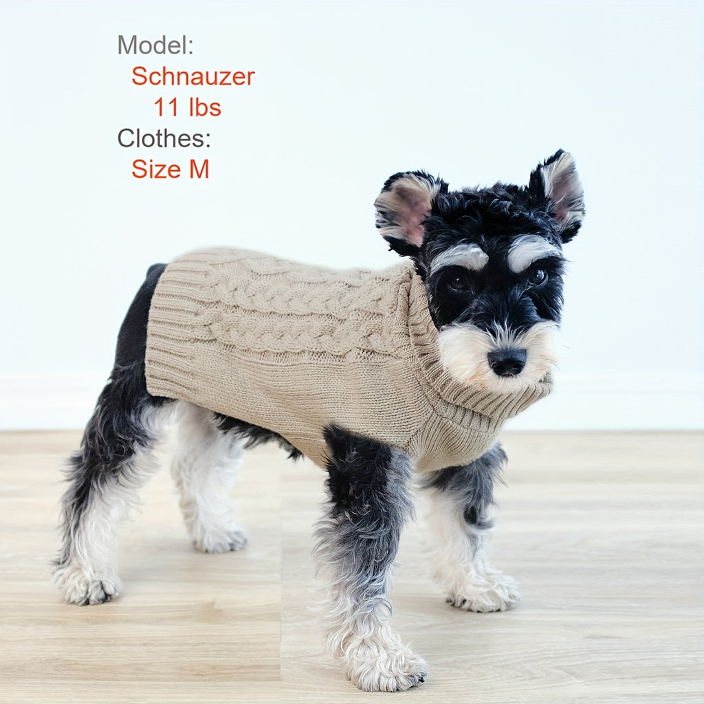 Small Puppy Turtleneck, Doggie Cable Knit Sweater Khaki Color