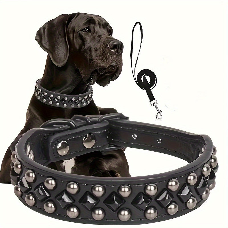 ECP037S Black Faux PU Leather Dog Collar And Leash Set - Comfortable, Pet Accessories