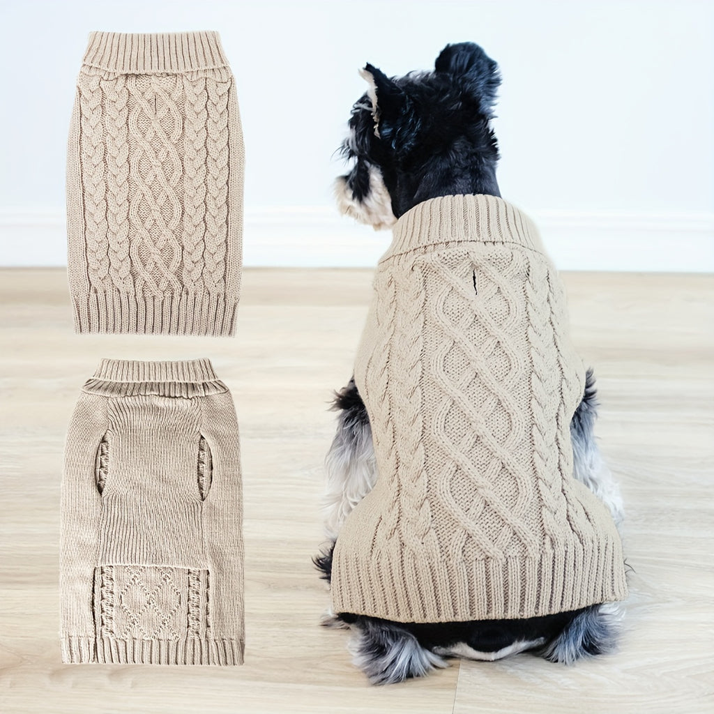 Small Puppy Turtleneck, Doggie Cable Knit Sweater Khaki Color