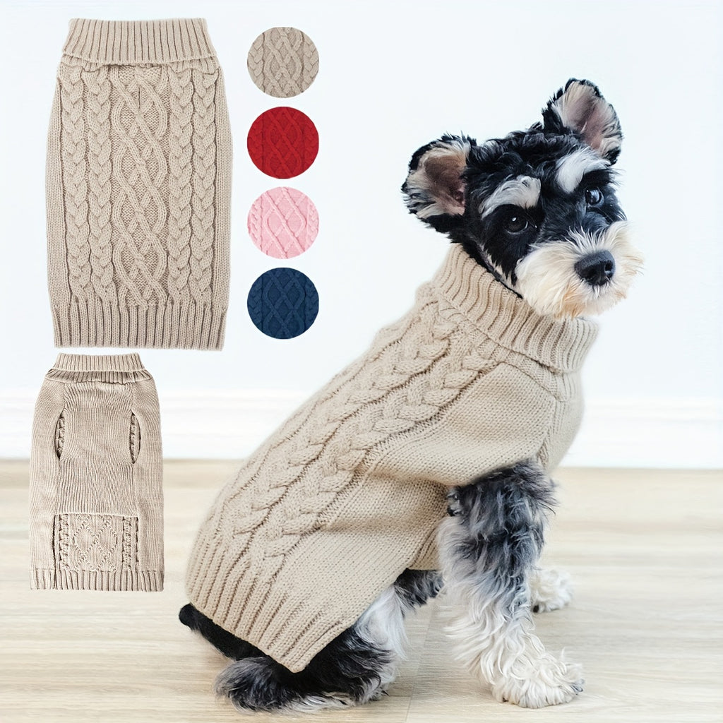 Small Puppy Turtleneck, Doggie Cable Knit Sweater Khaki Color