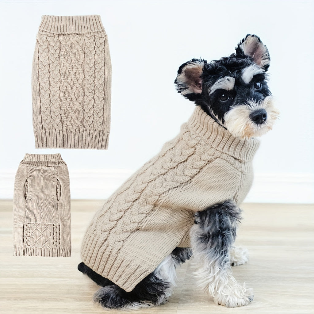 Small Puppy Turtleneck, Doggie Cable Knit Sweater Khaki Color