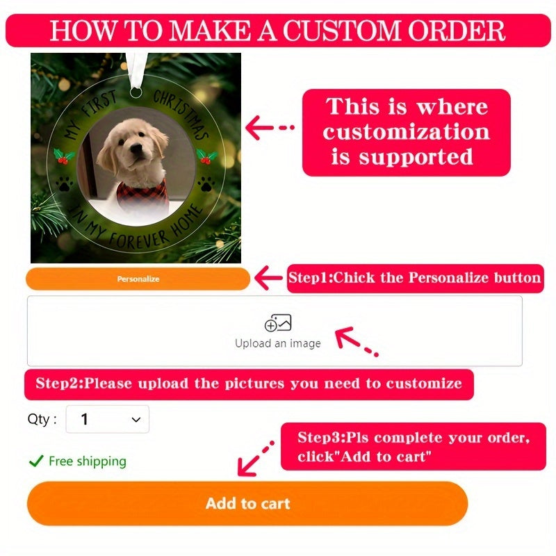 Custom Pet First Christmas Ornament - 3.9" Acrylic Photo Decor, Festive Holiday Pendant for Cats & Dogs, Christmas Decor