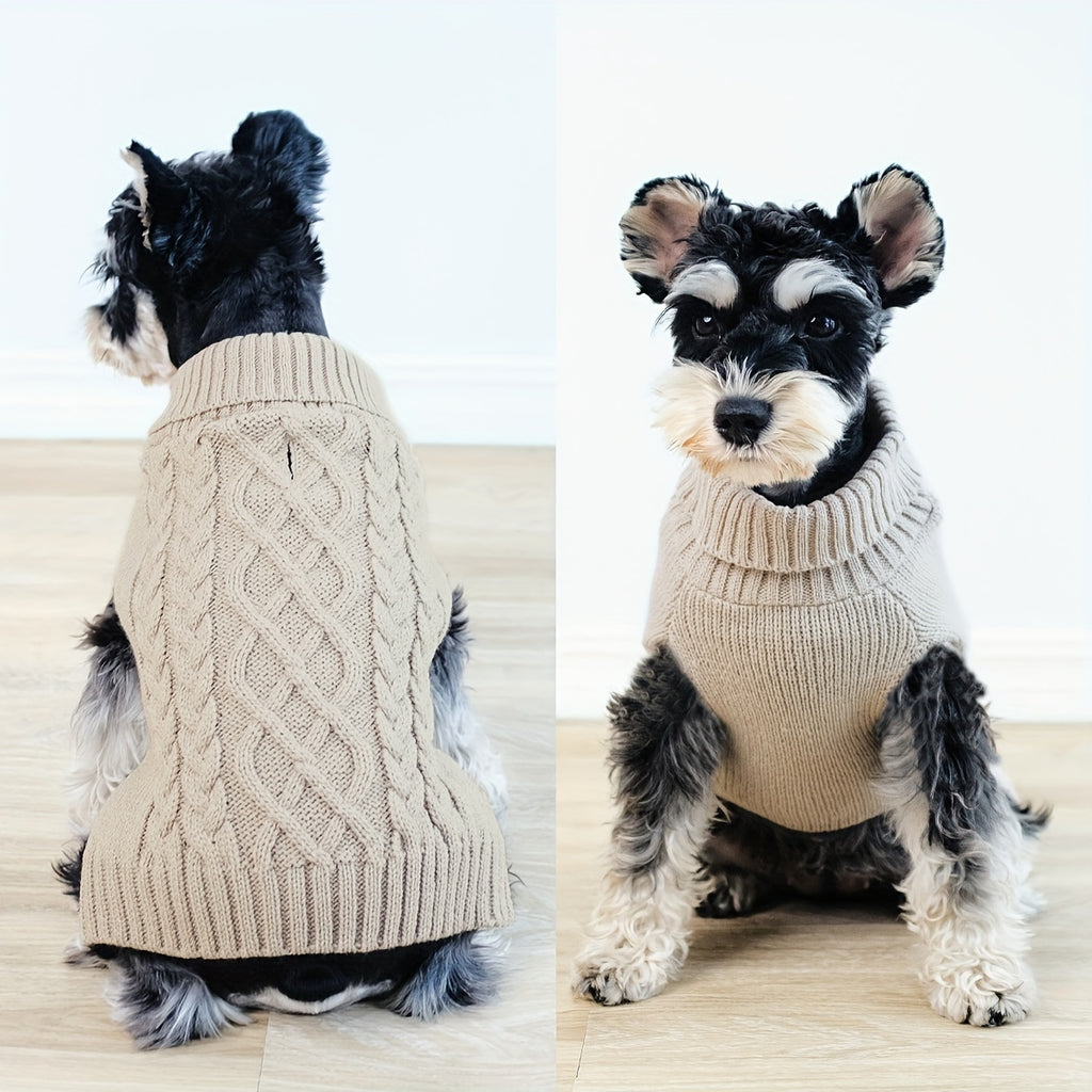 Small Puppy Turtleneck, Doggie Cable Knit Sweater Khaki Color